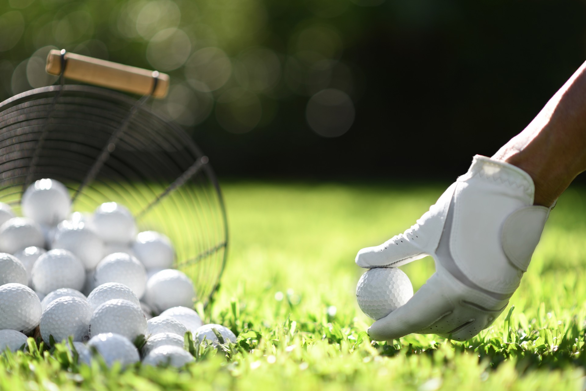 Hand hold golf ball with tee on green grass for practice